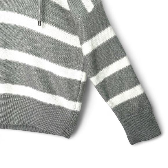 Joie Women's Striped V Neck Hooded Sweater Size L Gray White Stripe Draw Sting - Picture 6 of 8